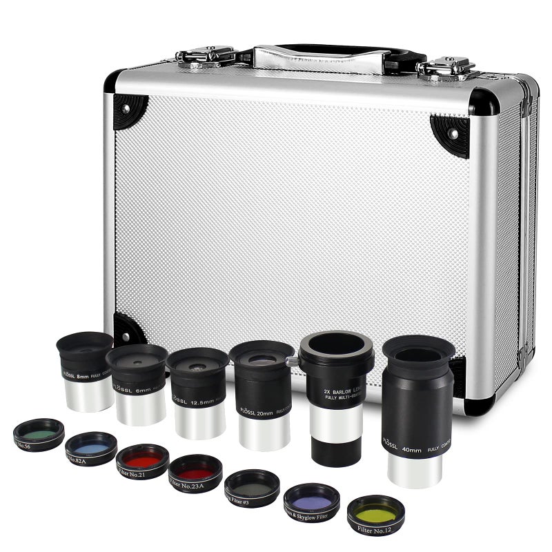Solomark 1.25-Inch Telescope Eyepiece and Filter Set - Telescope Accessory Kit (Silver) - 5pcs Plossl Eyepiece Set, 7pcs Filter Set, 2X Barlow Lens - Image 1